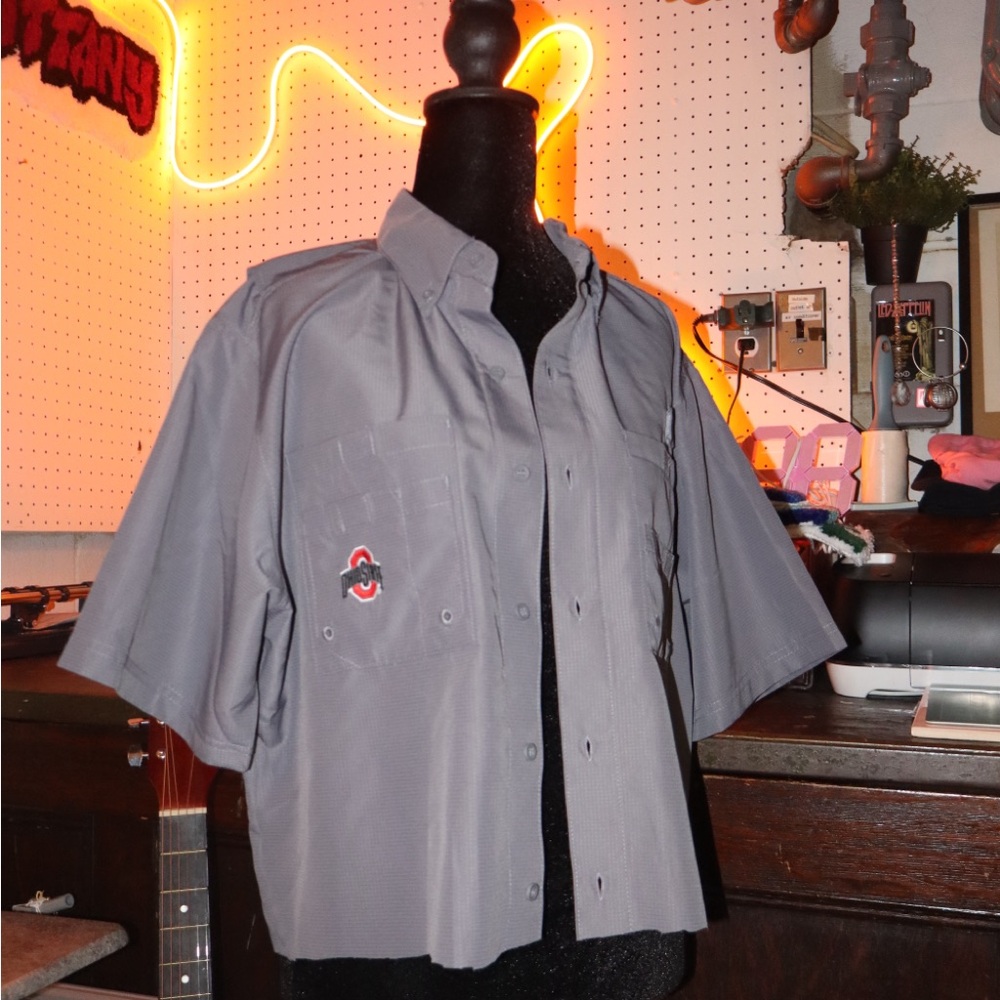 Reworked Ohio State Buckeyes Gray Cropped Button Up Dad Work Shirt